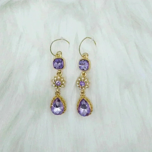 French Style Teardrop Purple Crystal Earrings - Picture 3 of 3